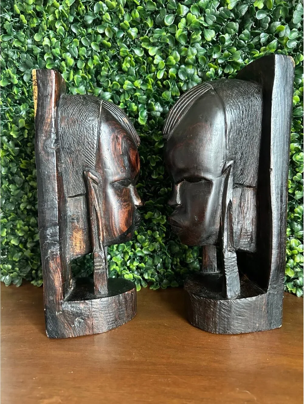 Vintage Hand Carved Ebony Wood Face Bookends African Tribal Sculpture Pair